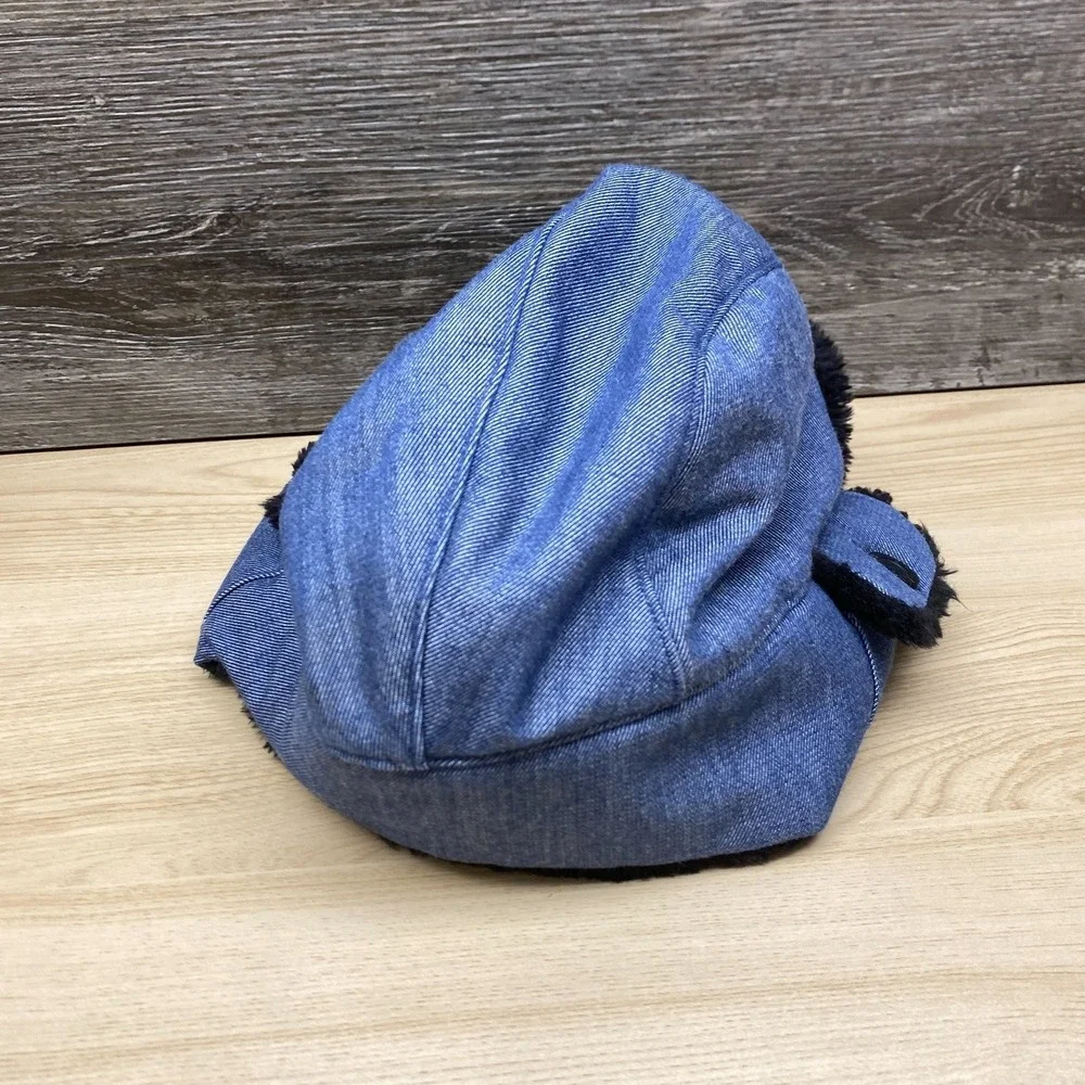 The North Face Hat Cap Trapper Blue Black Denim Faux Fur Ear Flap Winter Outdoor